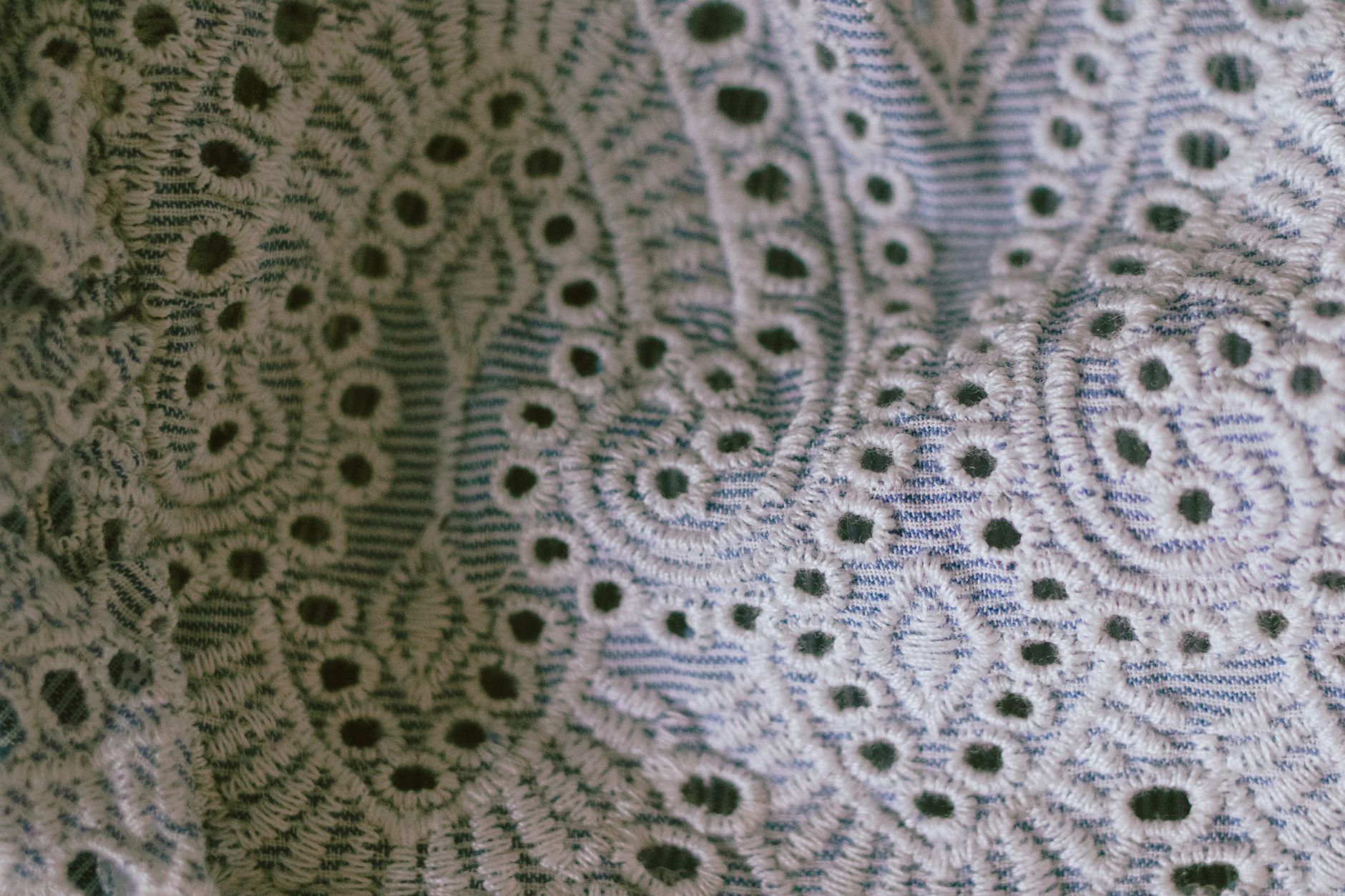 A detailed close-up of fabric highlighting beautiful lace patterns and textures.